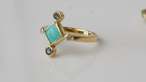 American Mined Turquoise and 18kt. Yellow Gold Ring with Sapphires