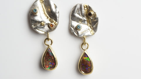 Glacial Ice Gold and Silver Opal Earrings