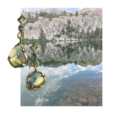 Sapphire gold parrings. With stades of blue and green. Made by Walker Jewelry |organic Sapphire Earrings | handmade Nashville | Nashville art | Nashville designer | Yosemite inspired jewelry
