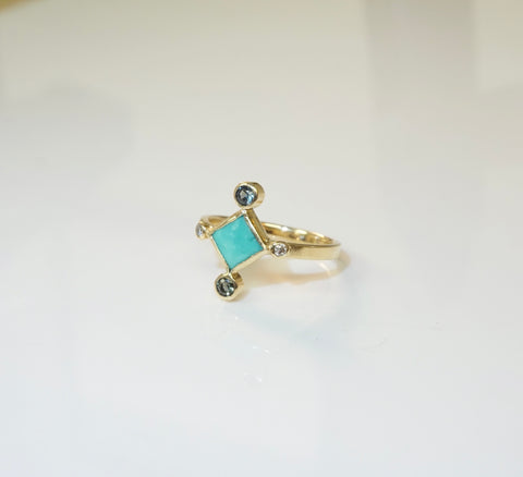 American Mined Turquoise and 18kt. Yellow Gold Ring with Sapphires