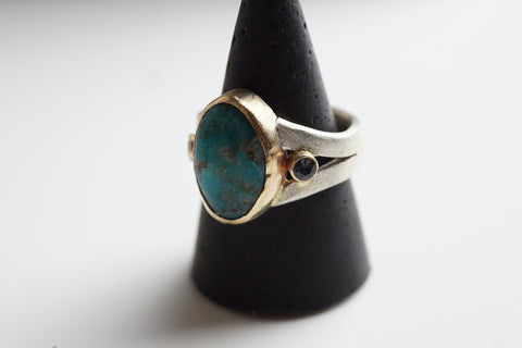14k Gold Turquoise Ring | Out West Ring | Walker Jewelry | Sapphire and Turquoise Ring