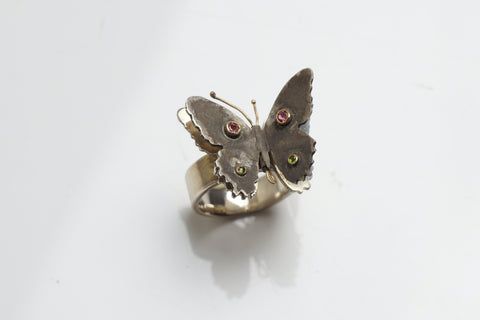 pink and green butterfly ring