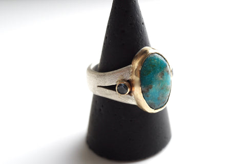 14k Gold Turquoise Ring handmade with Montana sapphires by Walker Jewelry in Nashville Tn.